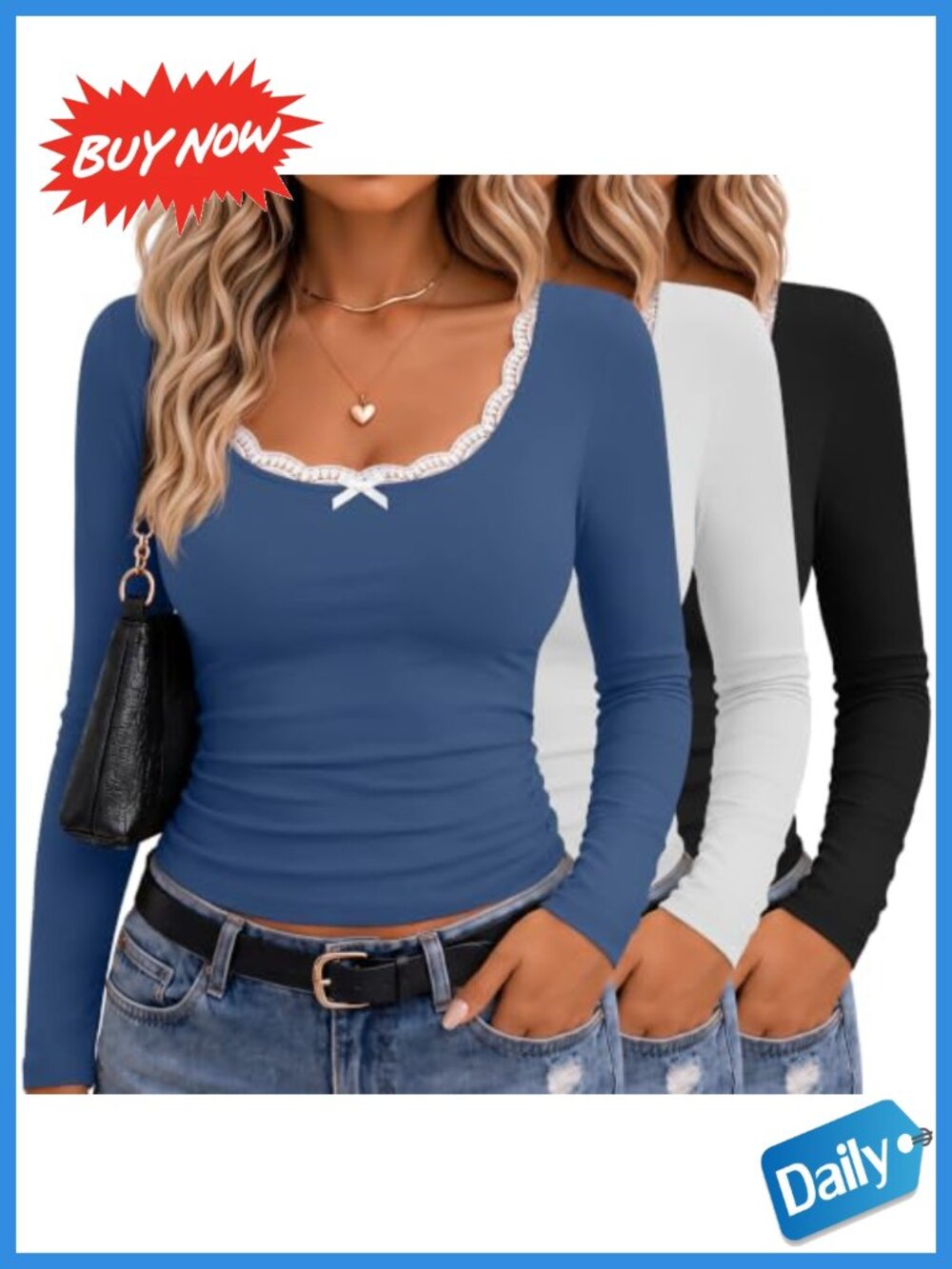Womens Long Sleeve Lace U Neck Slim Fit Tops 3 Pack